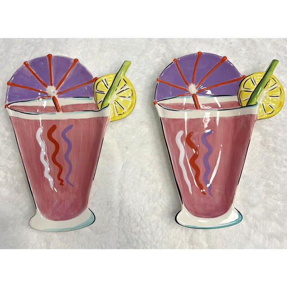 Set of 2 Clay Art Summer Drink Lemon, Straw, Umbrella Dessert Bowls Pink - Picture 1 of 3